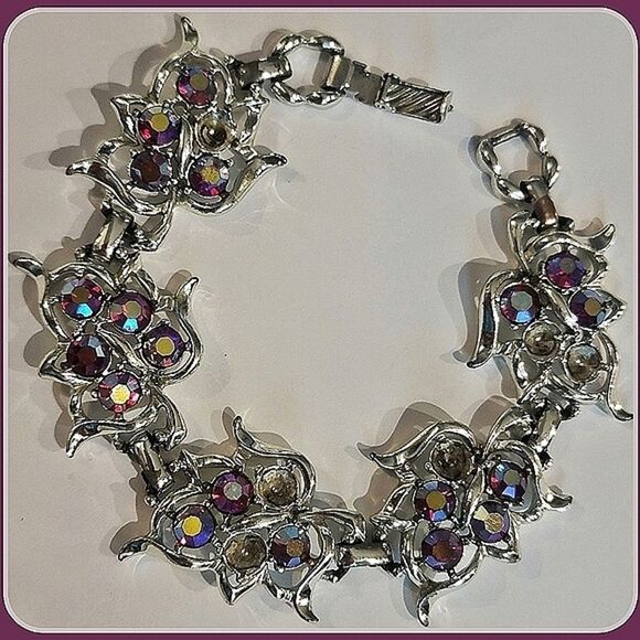 #SarahCoventry #Vintage Pink Red #AB #Rhinestone 8" long 1" Wide #Bracelet - Picture 5 of 12